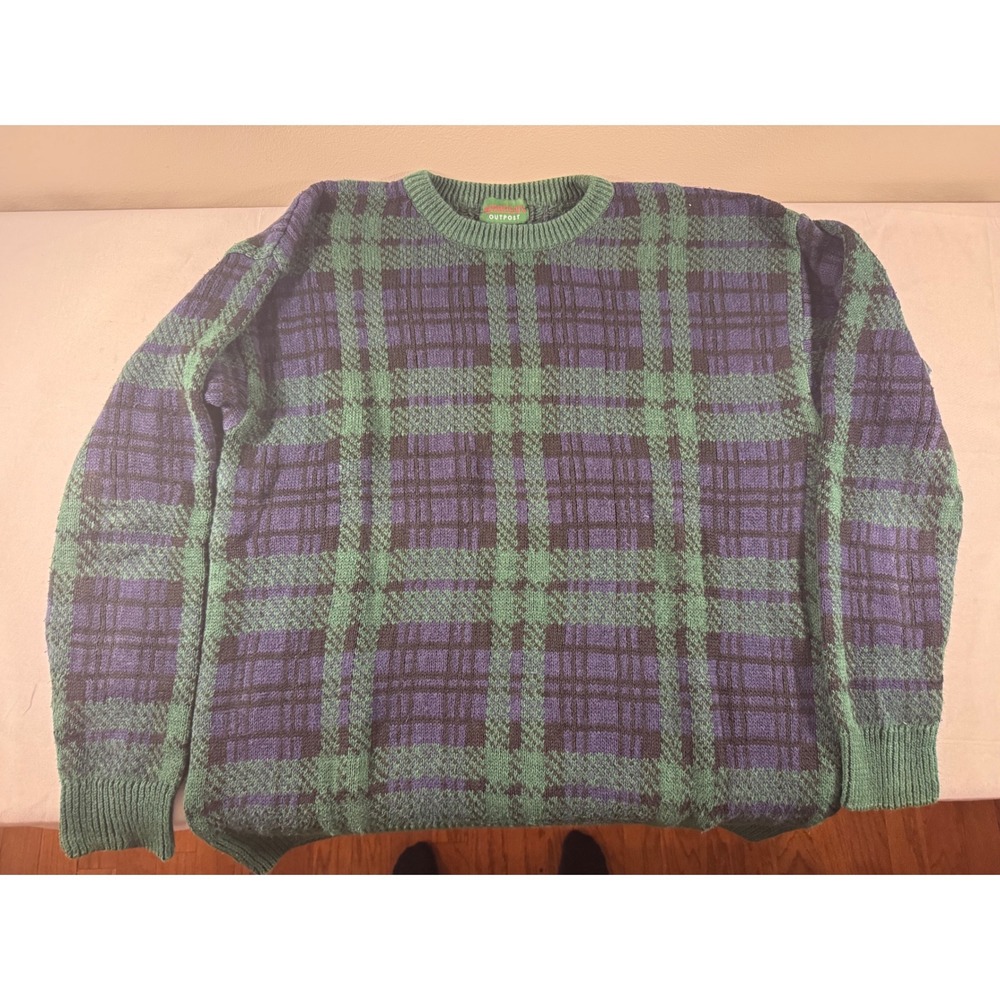 Vintage 80s/90s American Outpost Mens Plaid Crewneck Sweater Ramie Cotton L